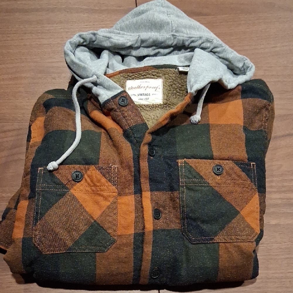 Plaid Hooded Shirt Jacket in Orange and Green